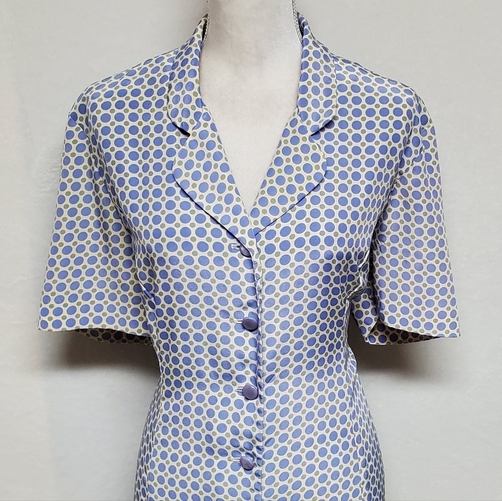 VINTAGE 1980s Leslie Fay Cornflower Blue Green Polka Dot Strappy Back Maxi Dress - Picture 3 of 14